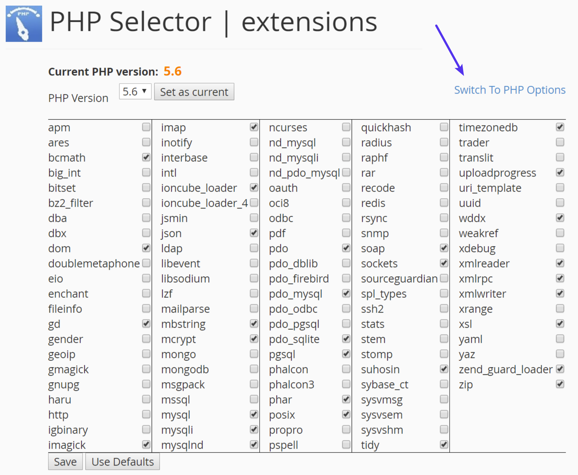 Switch to PHP options