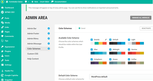 Screenshot of Branda's color schemes for the dashboard.