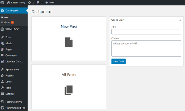 Screenshot of the dashboards with two new widgets: new post and all posts.