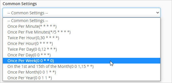 Cron - Common Settings: Weekly schedule.